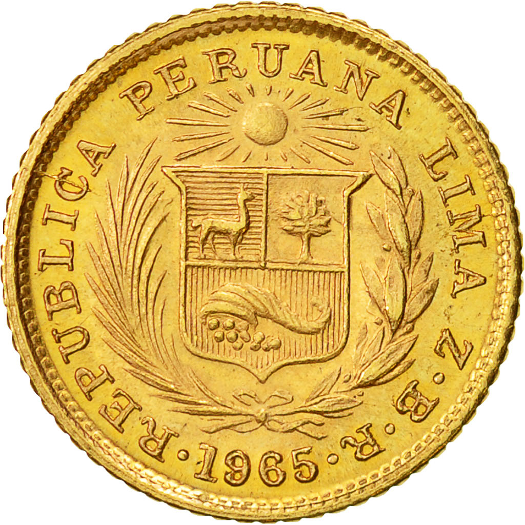 Coin, Peru, 1/5 Libra, Pound, 1965, Lima, MS(63), Gold, KM:210