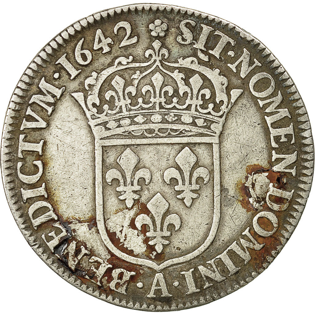 Coin, France, Louis XIII, 1/4 Ecu, 1642, Paris, VF(20-25), Silver, Gadoury:48