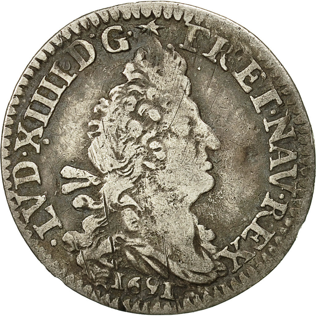Moneta, Francia, Louis XIV, 4 Sols aux 2 L, 4 Sols, 1691, Lille, MB+, Argento