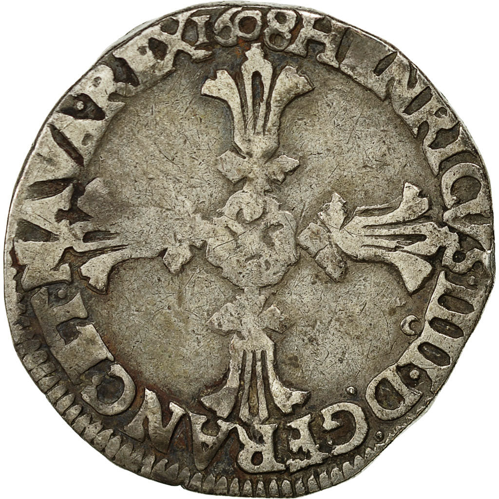 Monnaie, France, Henri IV, 1/4 Ecu, 1608, Rennes, TB+, Argent, Sombart:4686