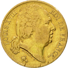 Moneta, Francia, Louis XVIII, 20 Francs, 1824, Paris, MB+, Oro, KM 712.1