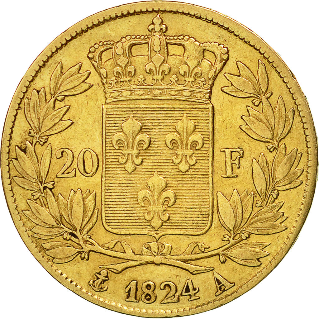Moneta, Francia, Louis XVIII, 20 Francs, 1824, Paris, MB+, Oro, KM 712.1