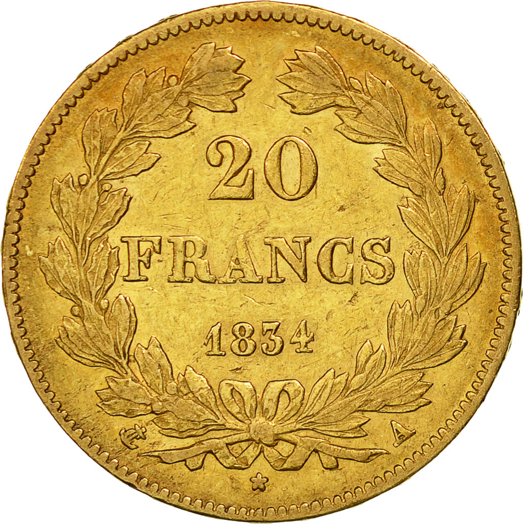 Moneta, Francia, Louis-Philippe, 20 Francs, 1834, Paris, BB, Oro, KM:750.1