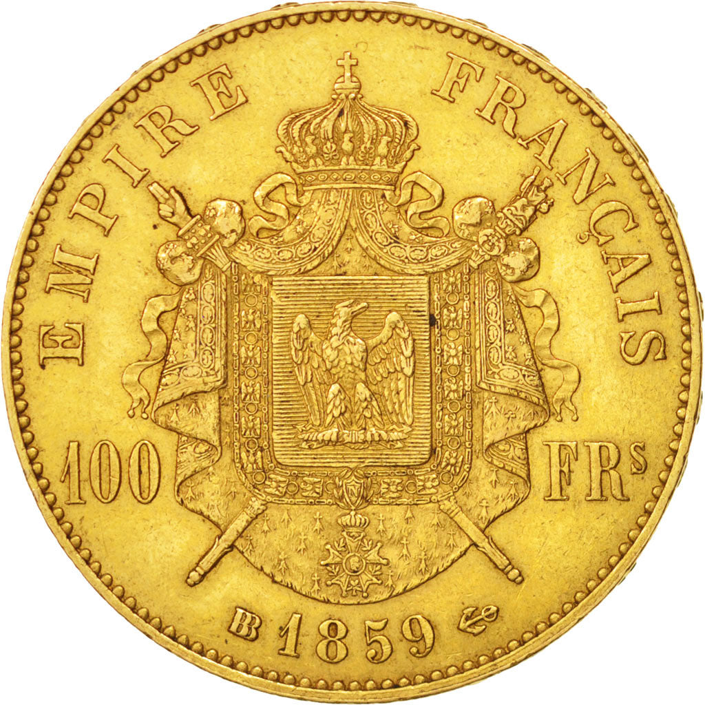 France, Napoleon III, 100 Francs, 1859 BB, Strasbourg, Gold, KM:786.2