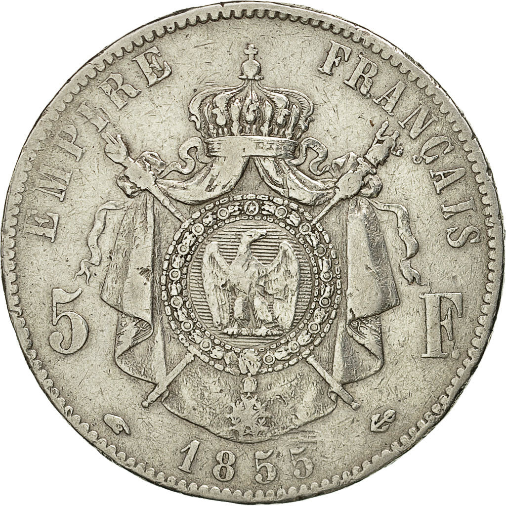 Moneta, Francja, Napoleon III, Napoléon III, 5 Francs, 1855, Paris, VF(20-25)