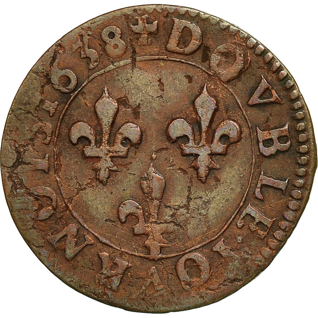 Moneta, Francia, Louis XIII, Louis XIII, Double Tournois, 1638, MB+, Rame