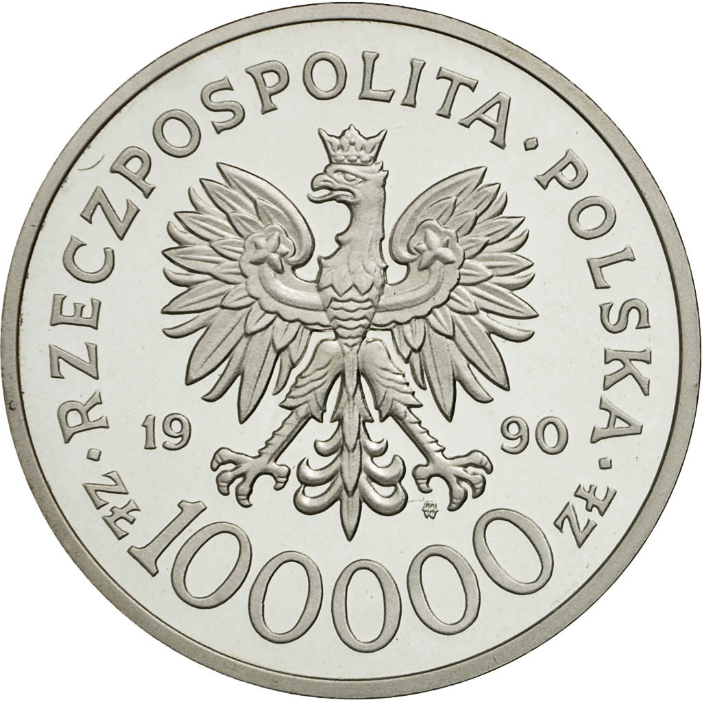 Coin, Poland, 100000 Zlotych, 1990, MS(63), Silver, KM:196.1
