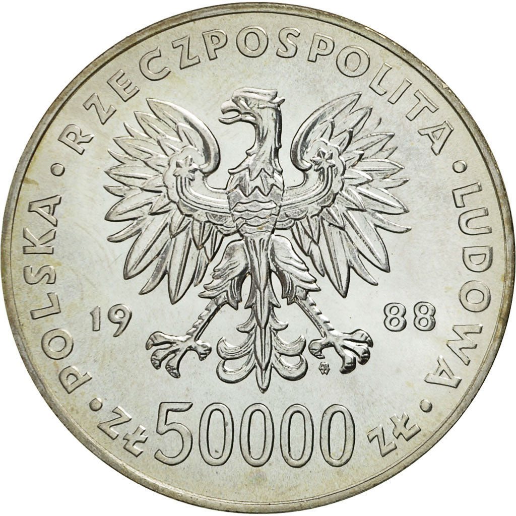 Coin, Poland, 50000 Zlotych, 1988, MS(63), Silver, KM:180