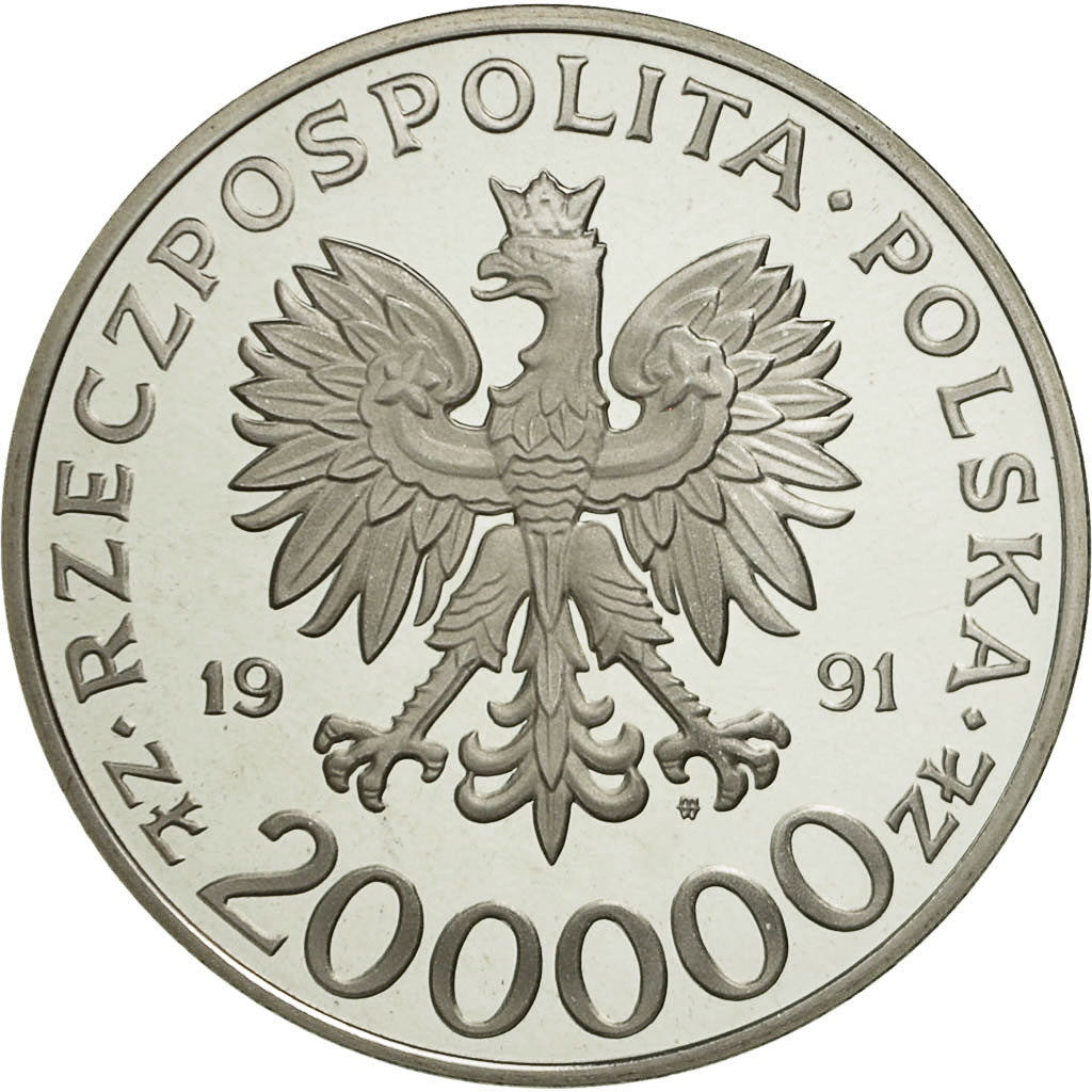 Coin, Poland, 200000 Zlotych, 1991, MS(63), Silver, KM:242