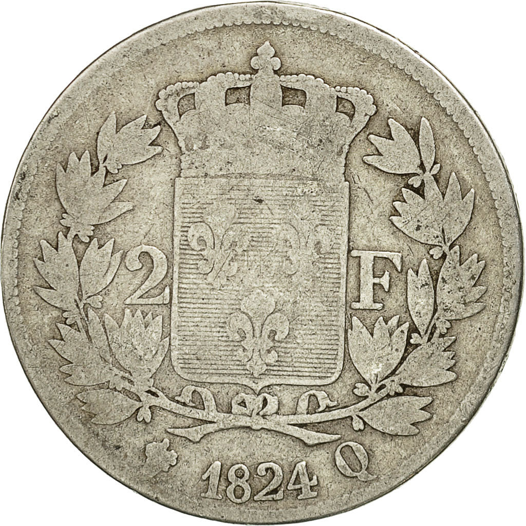 Moneda, Francia, Louis XVIII, Louis XVIII, 2 Francs, 1824, Perpignan, BC, Plata