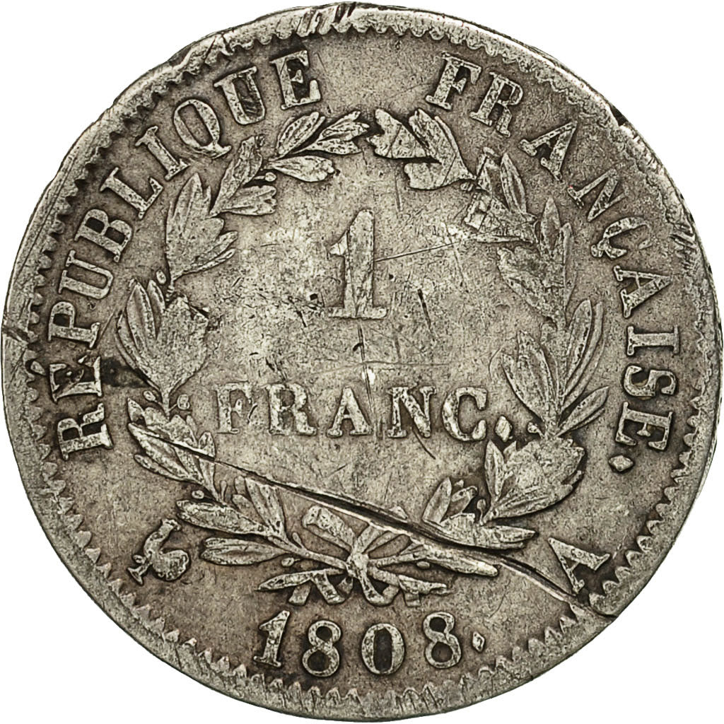 Moneda, Francia, Napoléon I, Franc, 1808, Paris, BC, Plata, KM:682.1