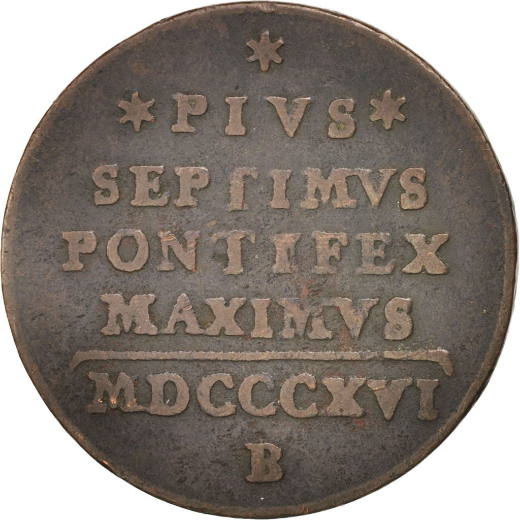 PAPAL STATES, Pius VII, Mezzo (1/2) Baiocco, 1816, Rome, KM:1278