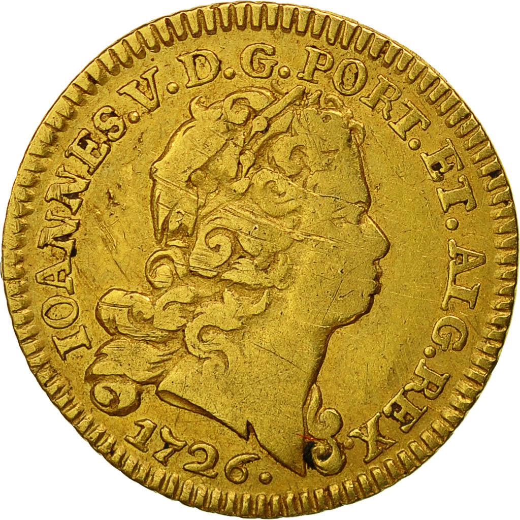Moneta, Portogallo, Jo, 1/2 Escudo, 800 Reis, 1726, Lisbon, MB+, Oro, KM:218.4