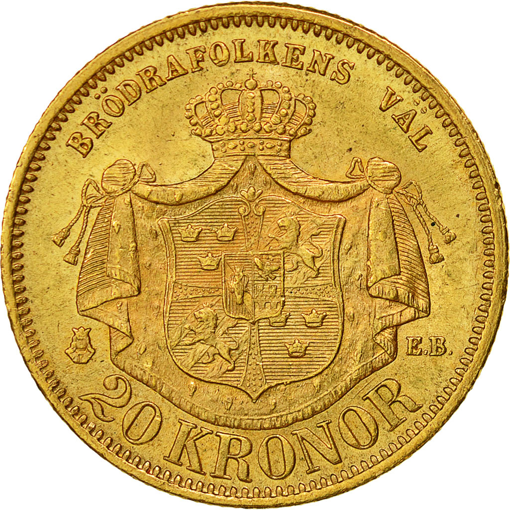 Coin, Sweden, Oscar II, 20 Kronor, 1877, AU(55-58), Gold, KM:744