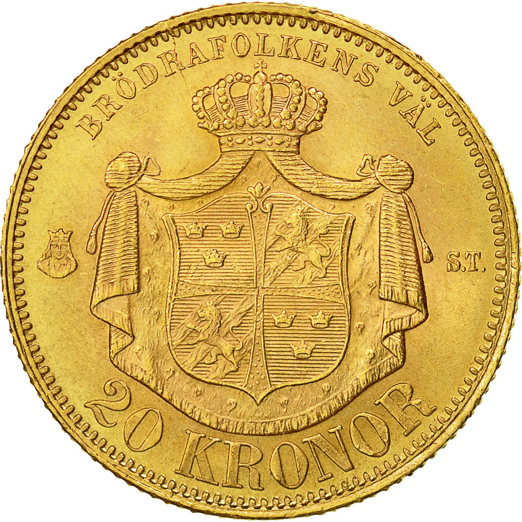 Coin, Sweden, Oscar II, 20 Kronor, 1874, AU(55-58), Gold, KM:733