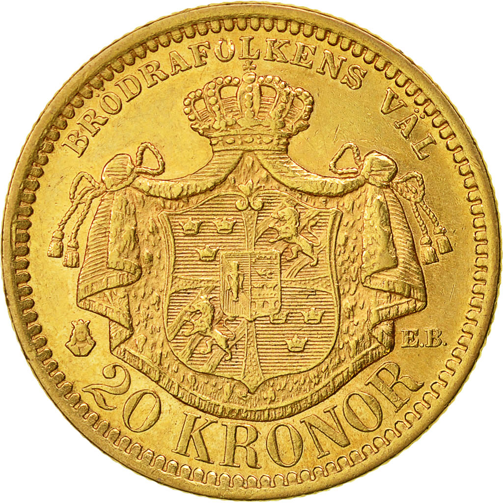 Coin, Sweden, Oscar II, 20 Kronor, 1884, AU(55-58), Gold, KM:748