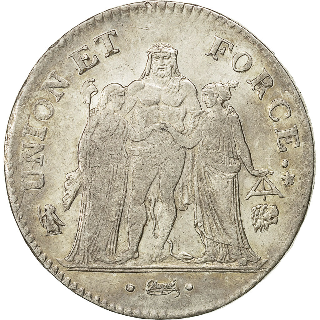 Coin, France, Union et Force, 5 Francs, 1799, Bayonne, EF(40-45), Silver