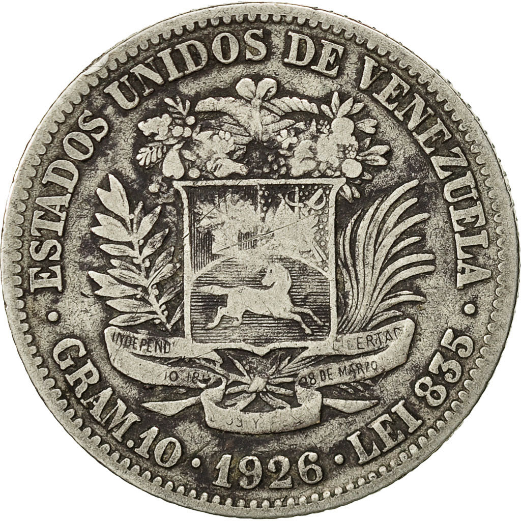 Moneta, Venezuela, Gram 10, 2 Bolivares, 1926, MB+, Argento, KM:23