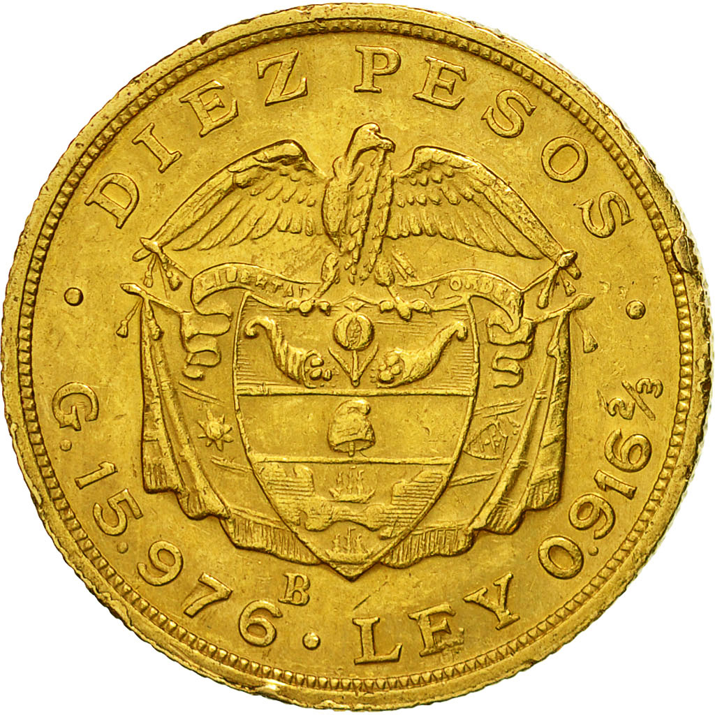 Moneda, Colombia, 10 Pesos, 1924, Bogota, MBC+, Oro, KM:202