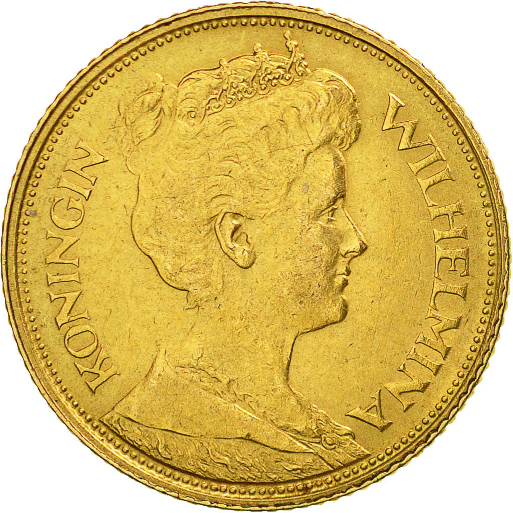 Coin, Netherlands, Wilhelmina I, 5 Gulden, 1912, AU(55-58), Gold, KM:151