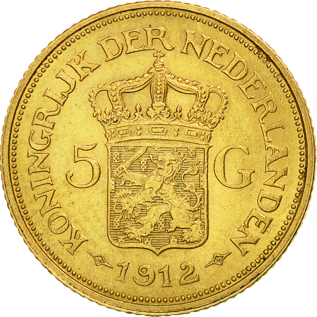 Coin, Netherlands, Wilhelmina I, 5 Gulden, 1912, AU(55-58), Gold, KM:151