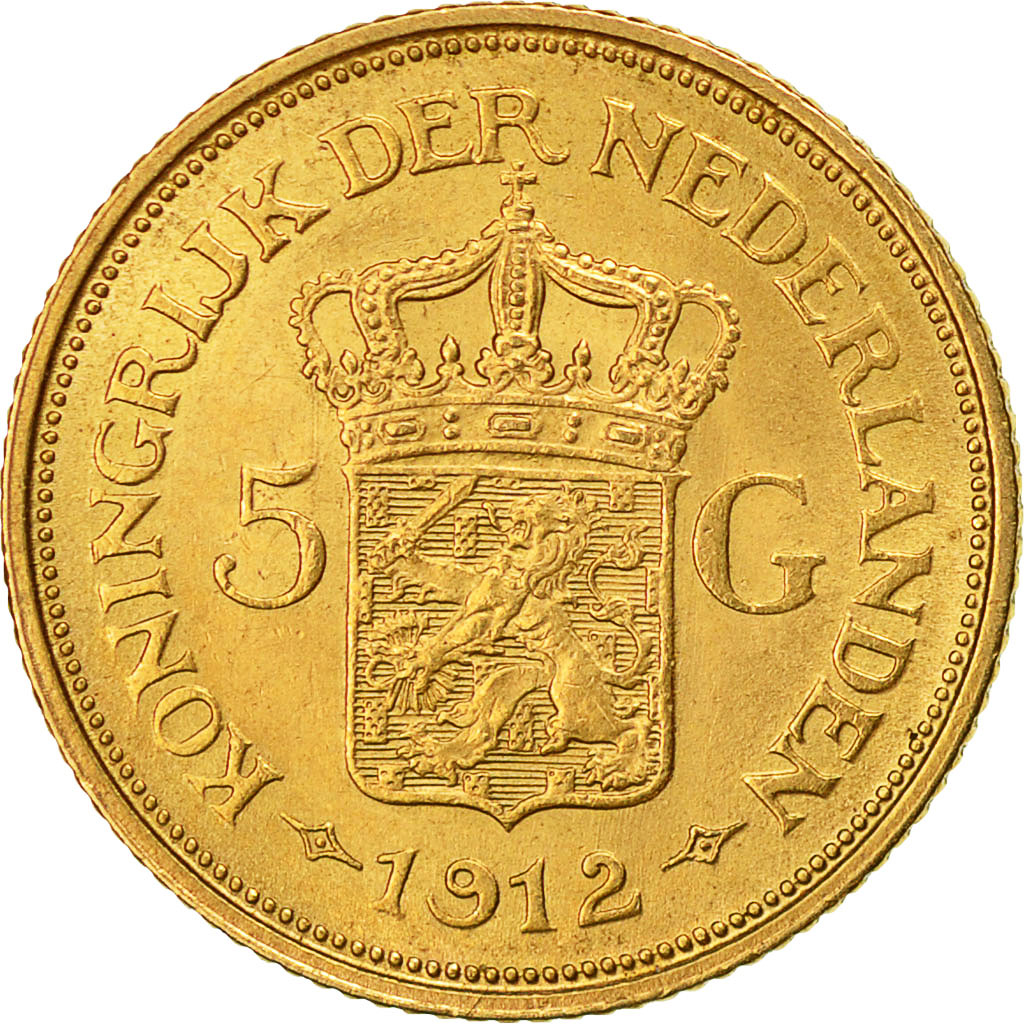 Coin, Netherlands, Wilhelmina I, 5 Gulden, 1912, AU(55-58), Gold, KM:151