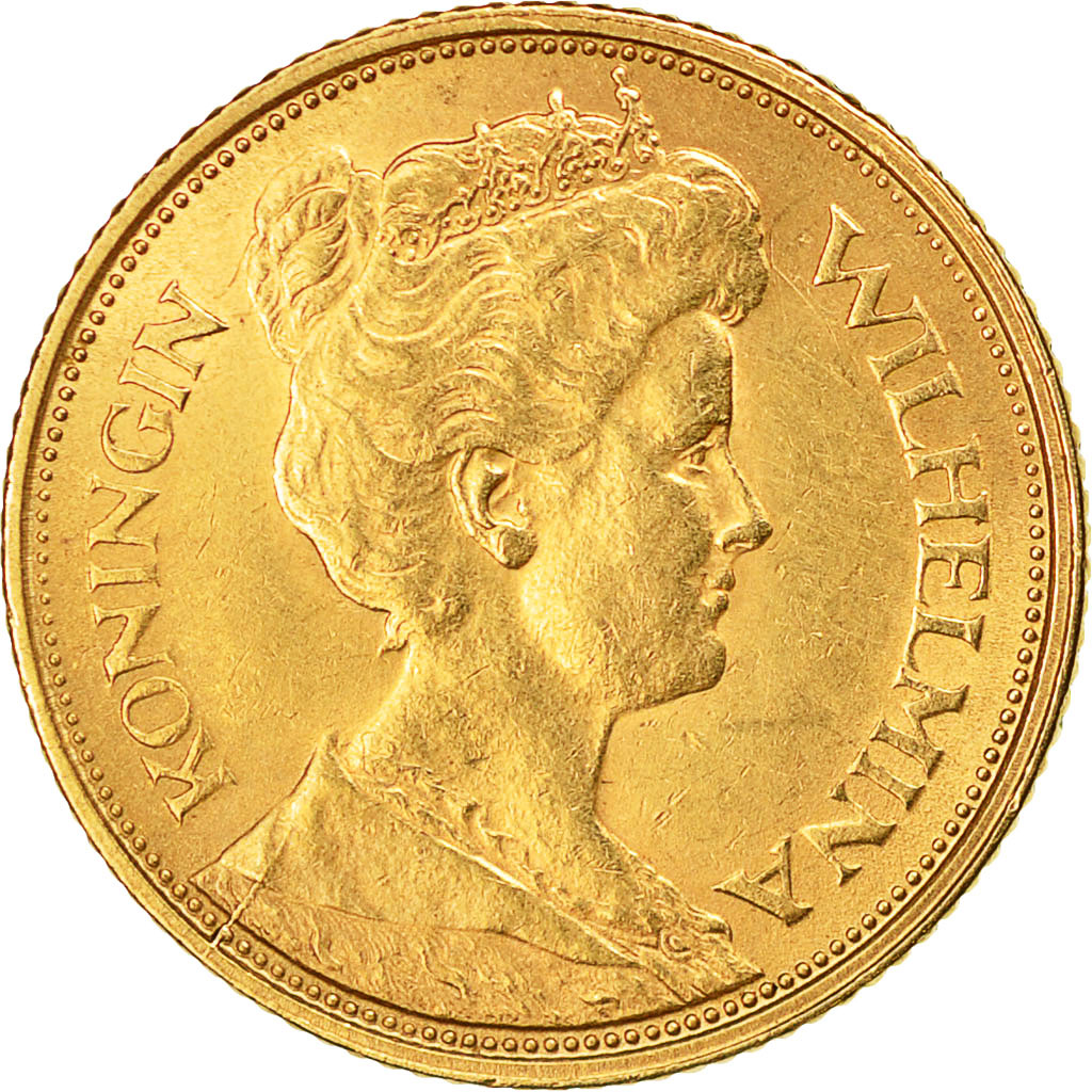 Coin, Netherlands, Wilhelmina I, 5 Gulden, 1912, AU(55-58), Gold, KM:151