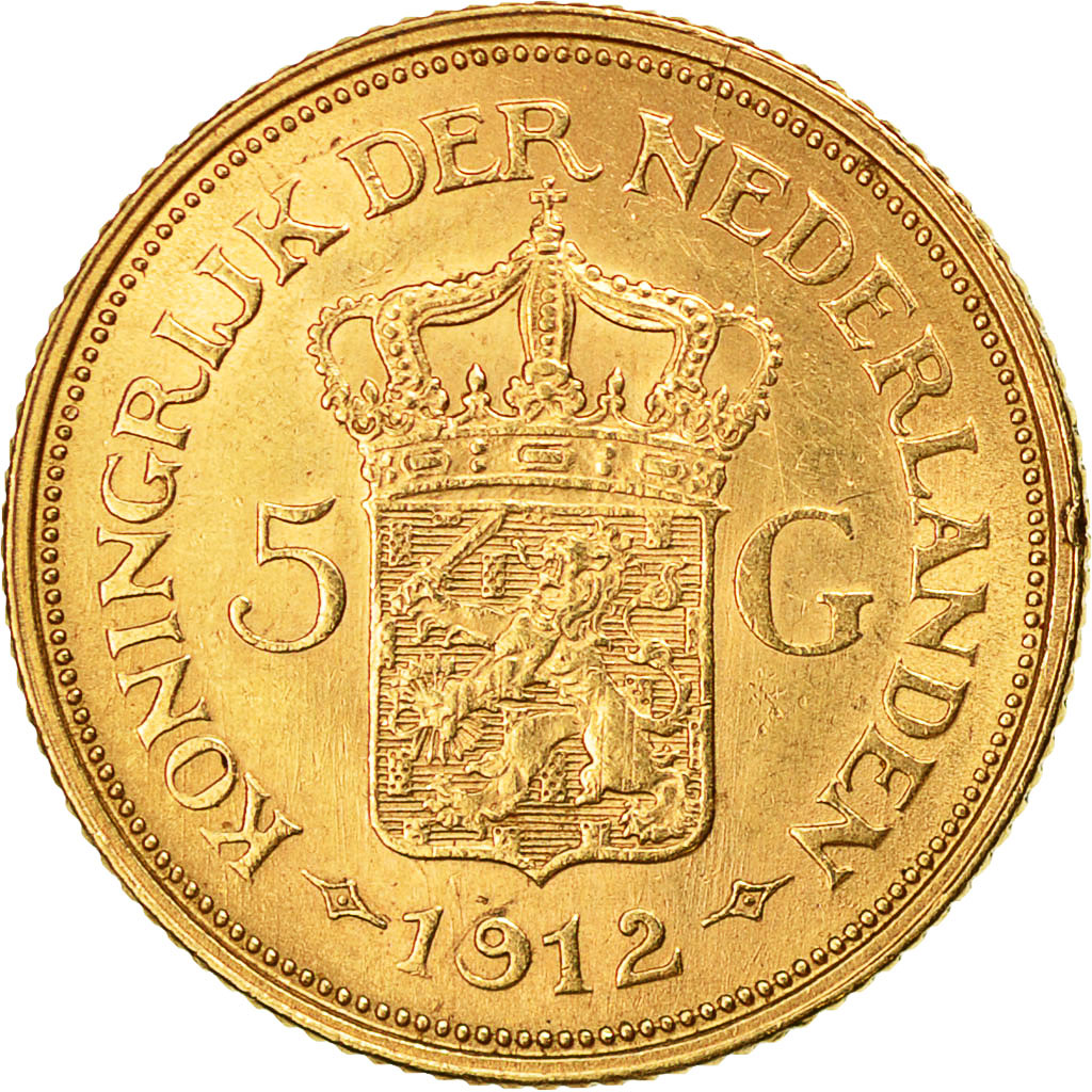 Coin, Netherlands, Wilhelmina I, 5 Gulden, 1912, AU(55-58), Gold, KM:151