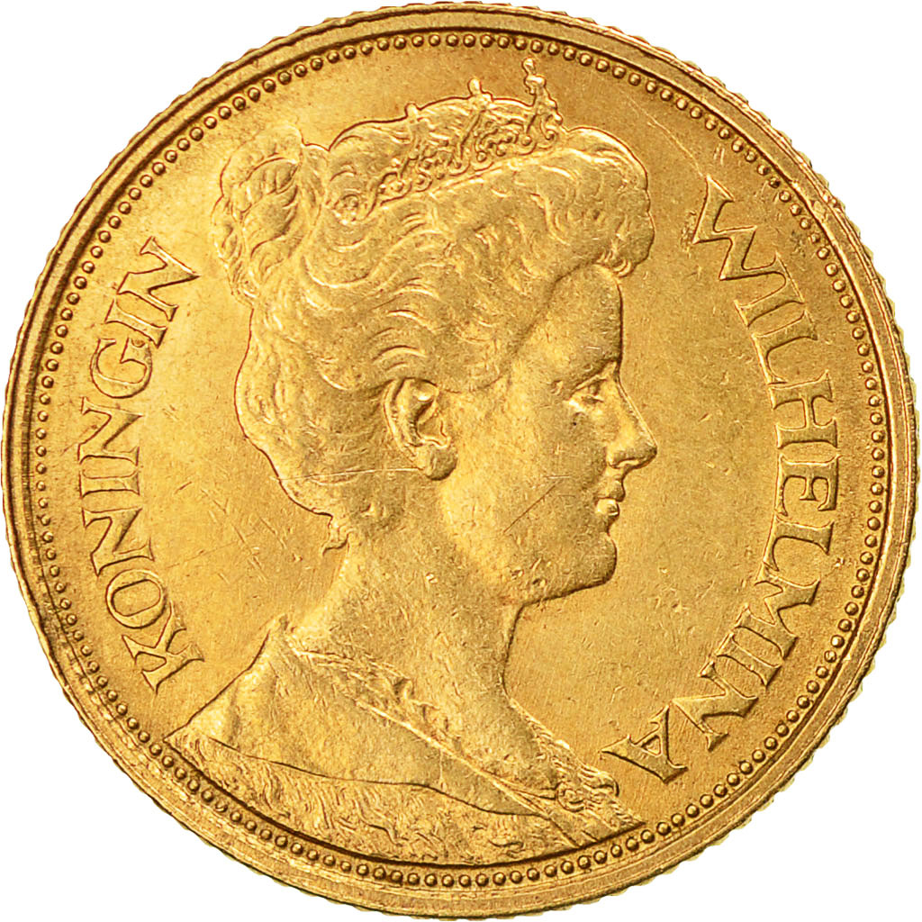 Coin, Netherlands, Wilhelmina I, 5 Gulden, 1912, AU(55-58), Gold, KM:151