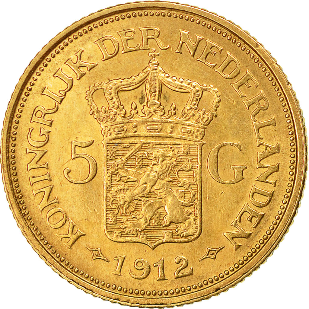 Coin, Netherlands, Wilhelmina I, 5 Gulden, 1912, AU(55-58), Gold, KM:151