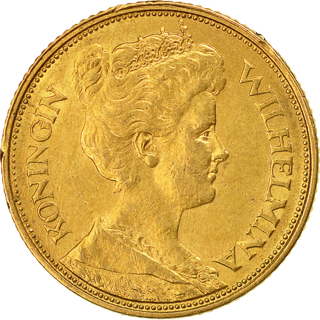 Coin, Netherlands, Wilhelmina I, 5 Gulden, 1912, AU(55-58), Gold, KM:151