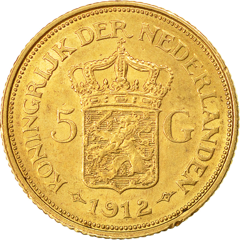 Coin, Netherlands, Wilhelmina I, 5 Gulden, 1912, AU(55-58), Gold, KM:151
