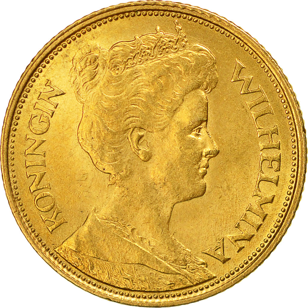 Coin, Netherlands, Wilhelmina I, 5 Gulden, 1912, AU(55-58), Gold, KM:151