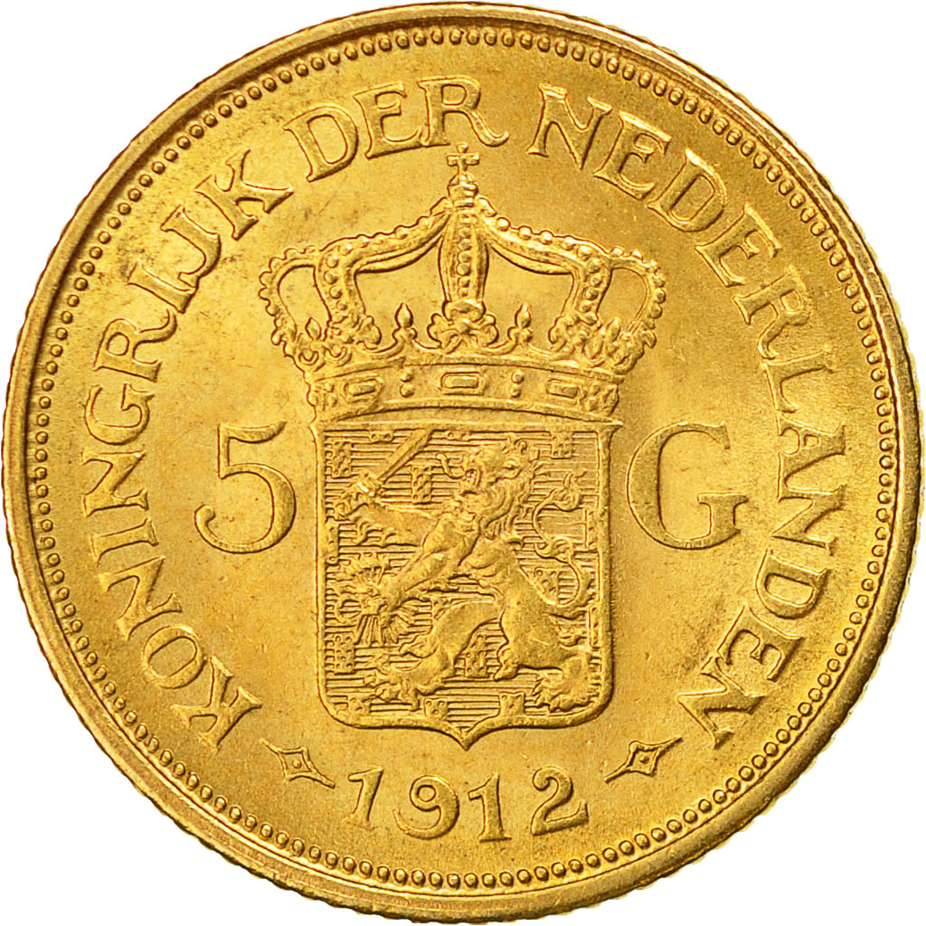 Coin, Netherlands, Wilhelmina I, 5 Gulden, 1912, AU(55-58), Gold, KM:151