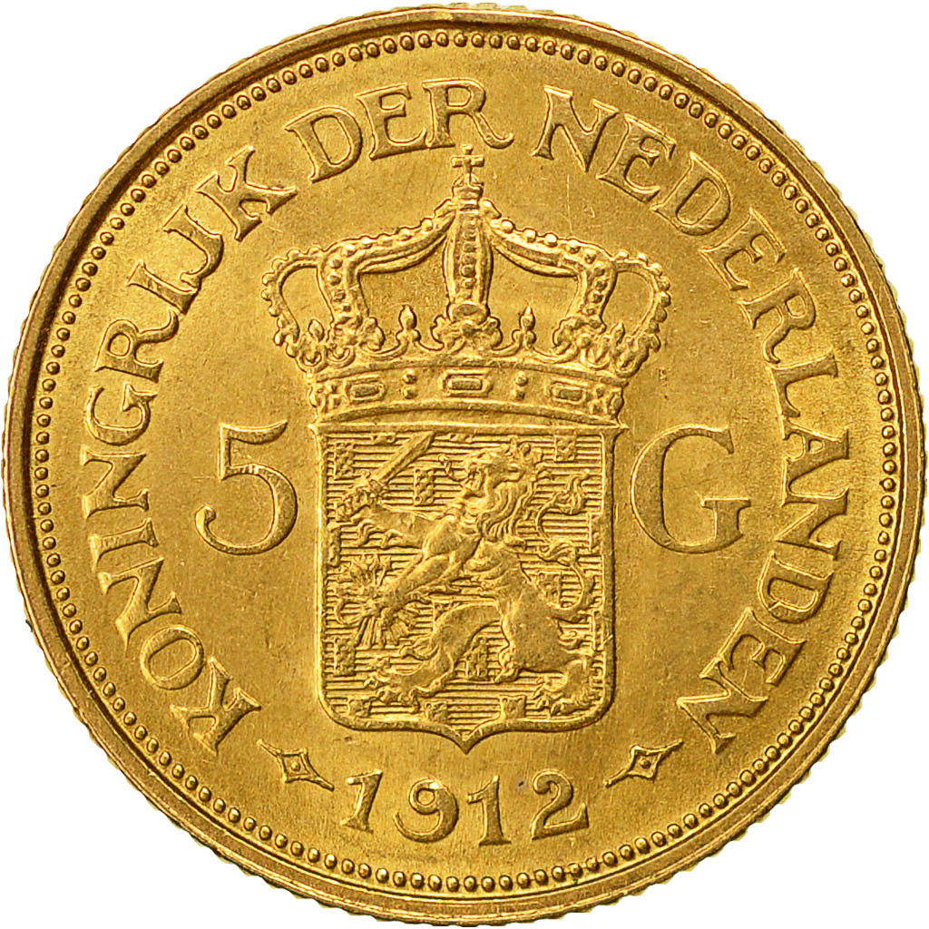 Moneda, Países Bajos, Wilhelmina I, 5 Gulden, 1912, EBC, Oro, KM:151