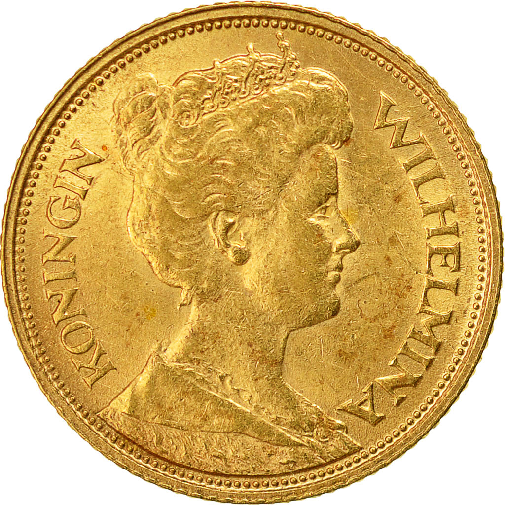 Coin, Netherlands, Wilhelmina I, 5 Gulden, 1912, AU(55-58), Gold, KM:151