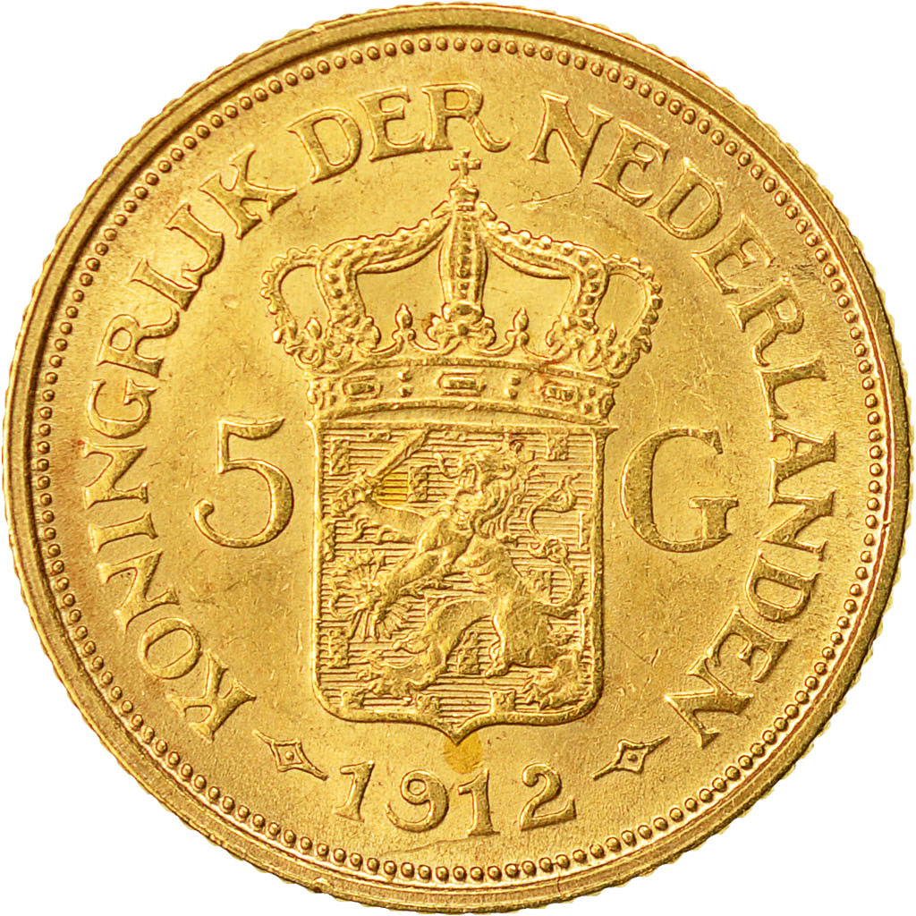 Coin, Netherlands, Wilhelmina I, 5 Gulden, 1912, AU(55-58), Gold, KM:151