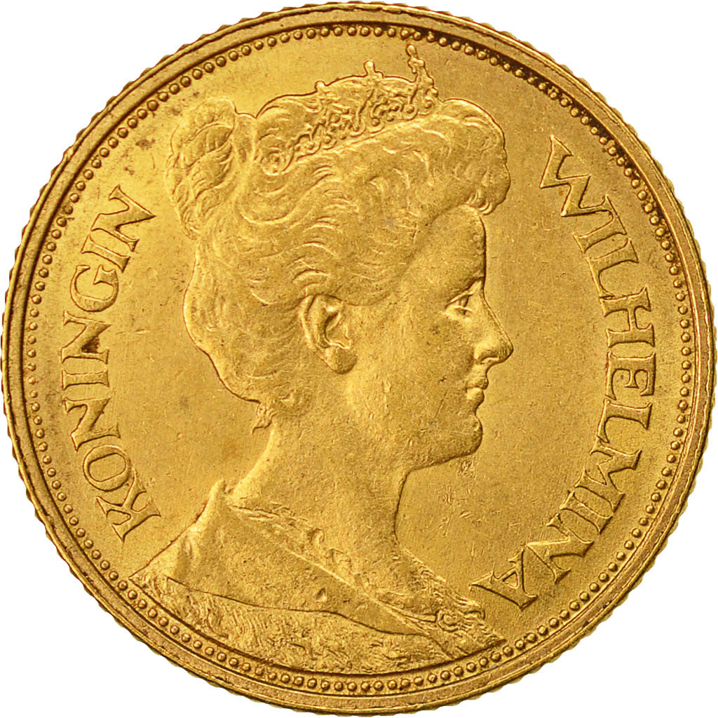 Coin, Netherlands, Wilhelmina I, 5 Gulden, 1912, AU(55-58), Gold, KM:151