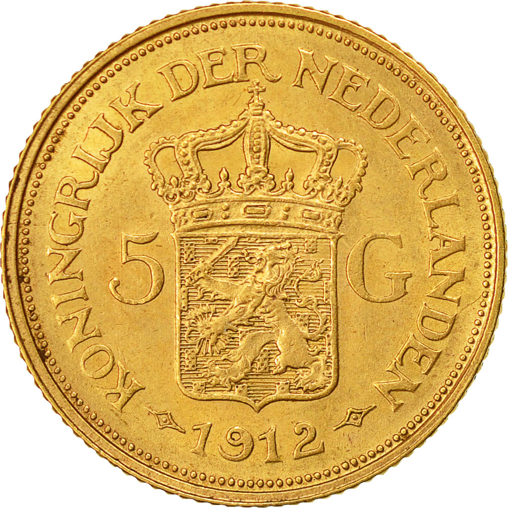 Coin, Netherlands, Wilhelmina I, 5 Gulden, 1912, AU(55-58), Gold, KM:151