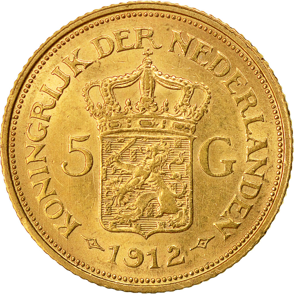 Coin, Netherlands, Wilhelmina I, 5 Gulden, 1912, AU(55-58), Gold, KM:151