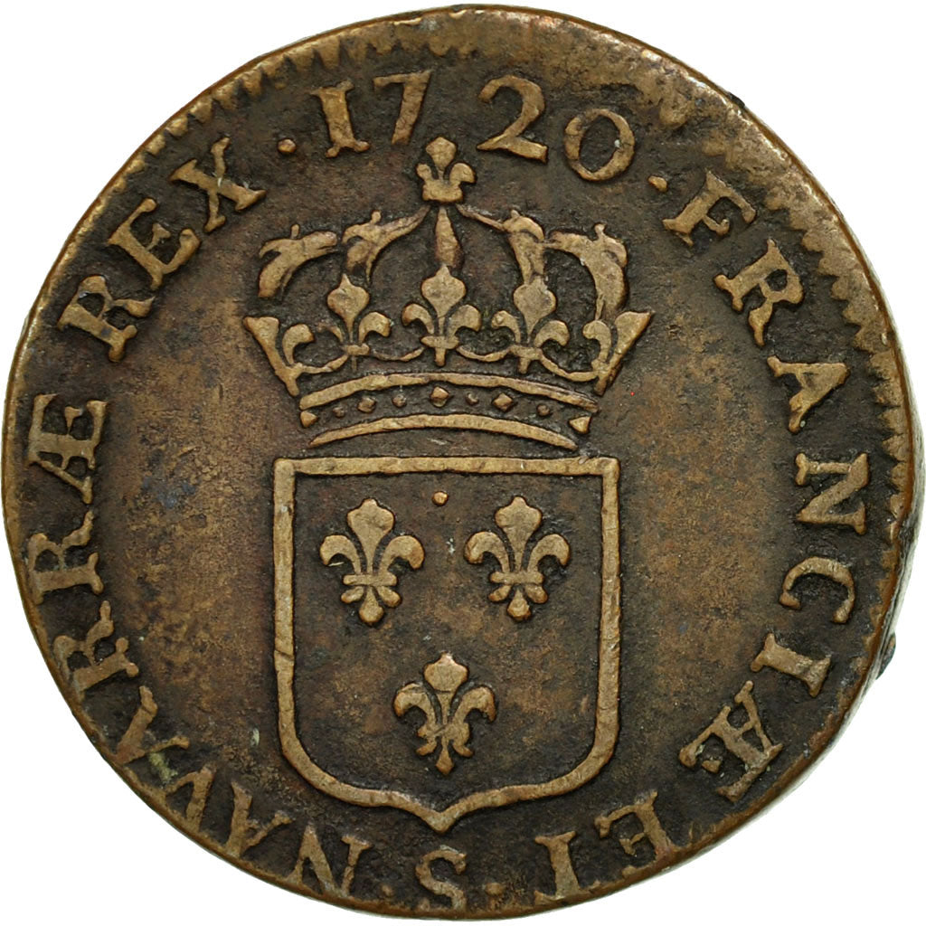 Monnaie, France, Louis XV, Sol au buste enfantin, Sol, 1720, Reims, TB+, Cuivre
