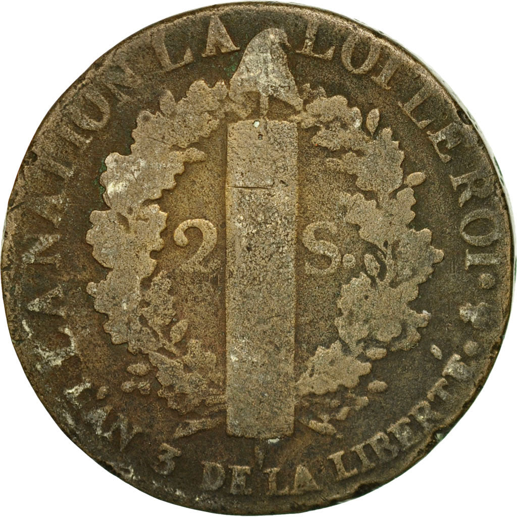 Monnaie, France, 2 sols françois, 2 Sols, 1791, Paris, B+, Bronze, KM:603.1