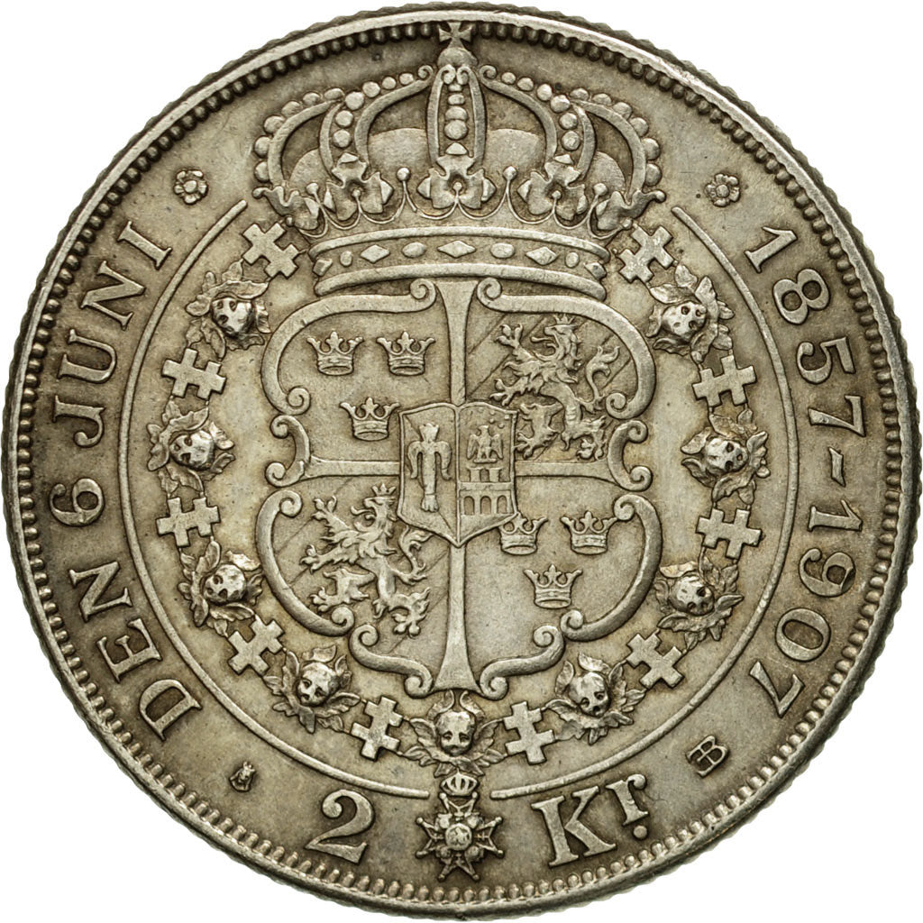 Moneta, Svezia, Oscar II, 2 Kronor, 1907, BB+, Argento, KM:776