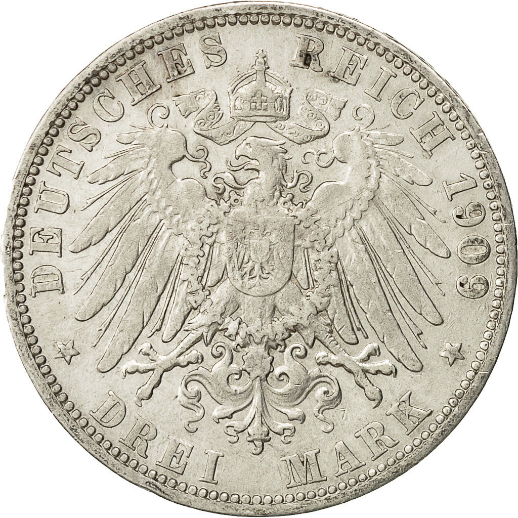 Coin, German States, PRUSSIA, Wilhelm II, 3 Mark, 1909, Berlin, EF(40-45)