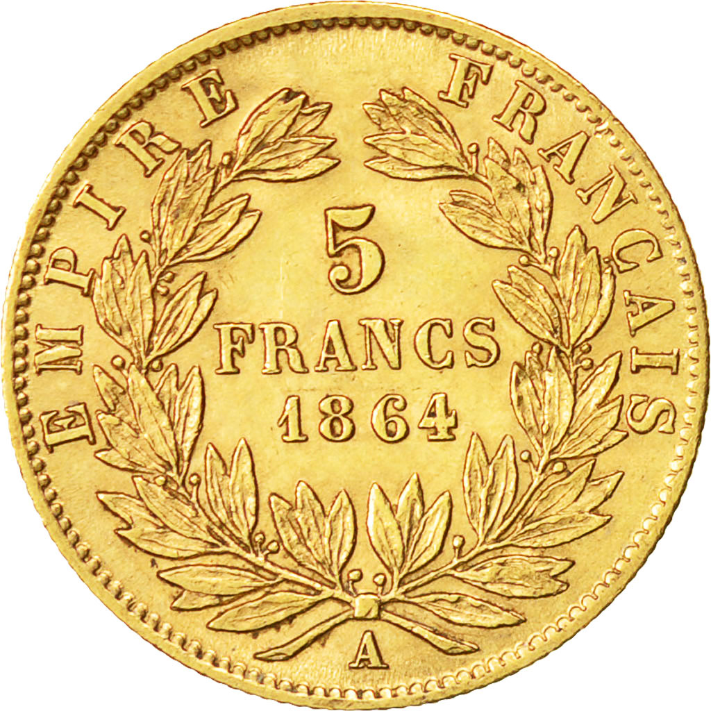 Moneda, Francia, Napoleon III, Napoléon III, 5 Francs, 1864, Paris, MBC+, Oro