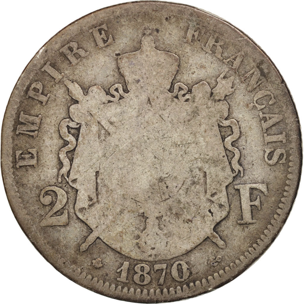 France, Napoleon III, 2 Francs, 1870 BB, Strasbourg, Silver, KM:807.2