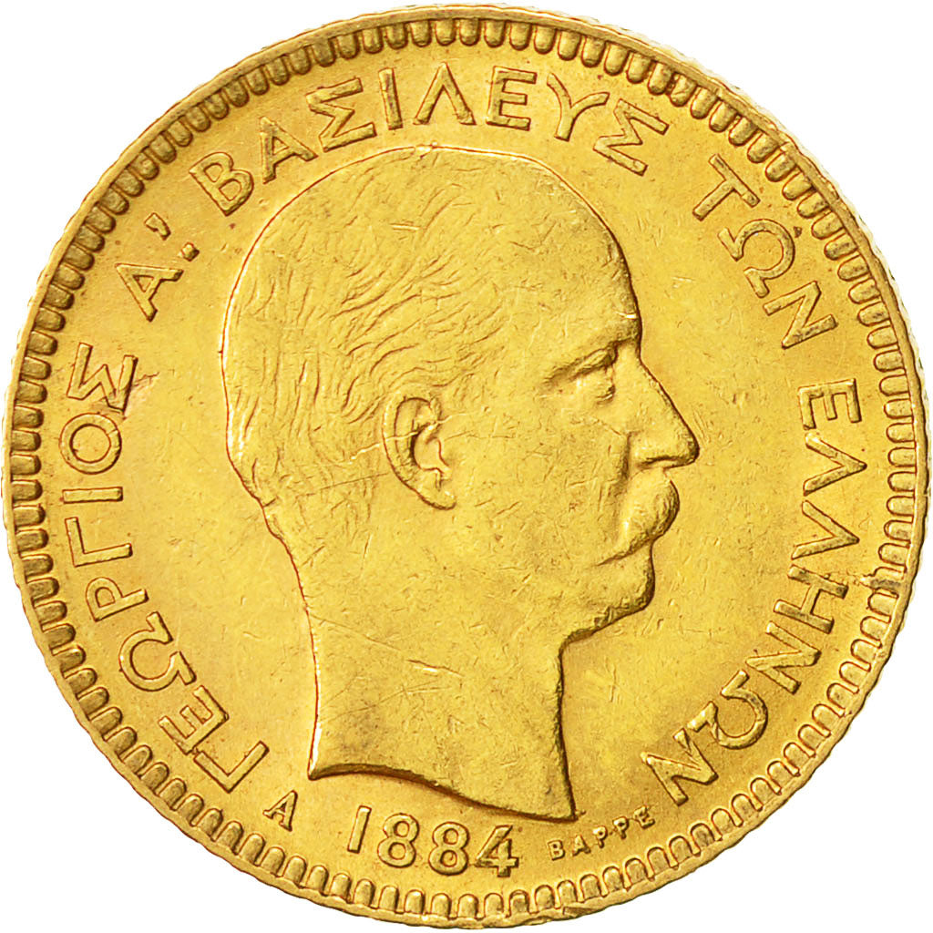 Coin, Greece, George I, 20 Drachmai, 1884, Paris, AU(50-53), Gold, KM:56