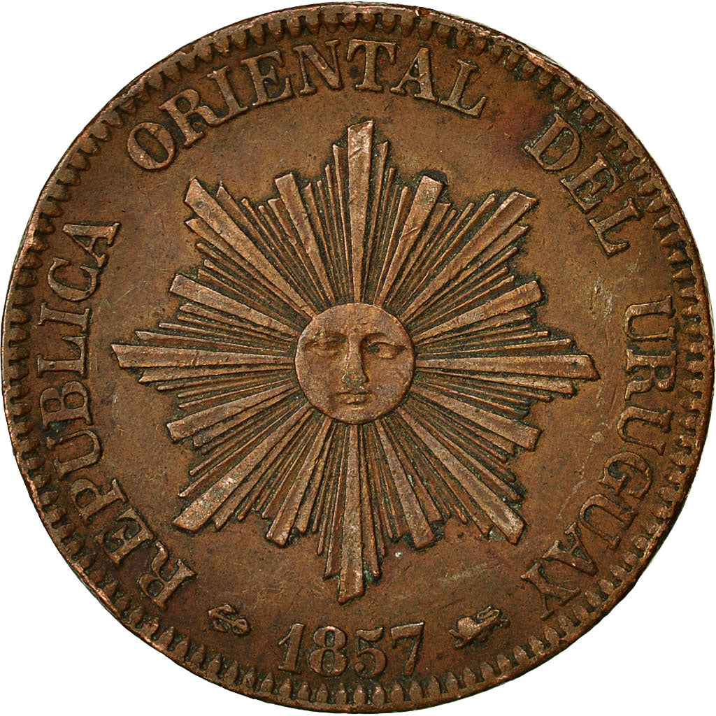 Coin, Uruguay, 20 Centesimos, 1857, Lyons, France, EF(40-45), Copper, KM:9