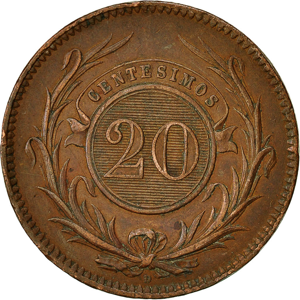 Coin, Uruguay, 20 Centesimos, 1857, Lyons, France, EF(40-45), Copper, KM:9