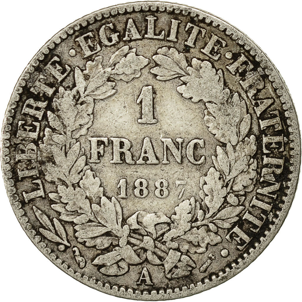 Coin, France, Cérès, Franc, 1887, Paris, VF(20-25), Silver, KM:822.1